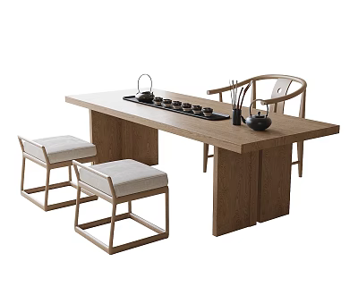 Modern Minimalist Wooden Tea Table and Chairs with Tea Sets and Stools 3d model