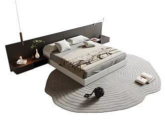 Modern Minimalist Double Bed Fabric Double Bed Master Bedroom Double Bedside Backboard Hanging Bedside Cabinet Carpet Books Jewelry Ornaments 3d model