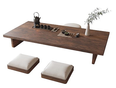 Tatami Tea Table and Chair Combination Tea Table Tea Set Cushion 3d model