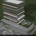 Modern Multi Storey Office Building With Glass Facade And Adjacent Low Structure Fronting Road 3d model