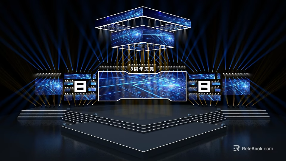 Modern Stage Design With Blue Lighting LED Screens Steps And Geometric Structure 3d model 