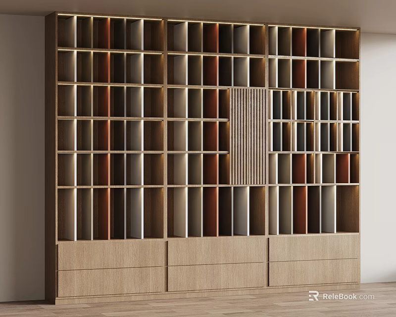 Modern Wooden Display Shelves With Multiple Compartments Various Colored Panels And Bottom Drawers 3d model 