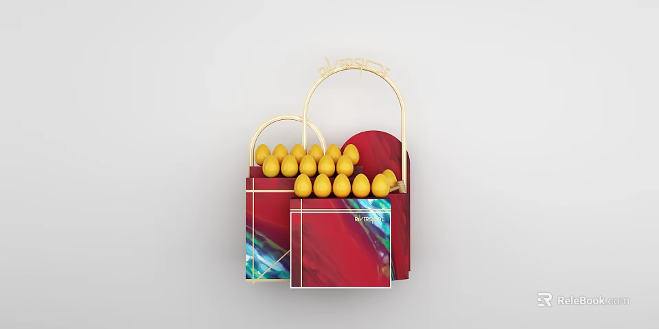 Elegant Red Box With Golden Handle And Yellow Round Decorations 3d model