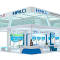Modern HALO Exhibition Booth With Blue White Design Transparent Top Display Area And Reception Counter