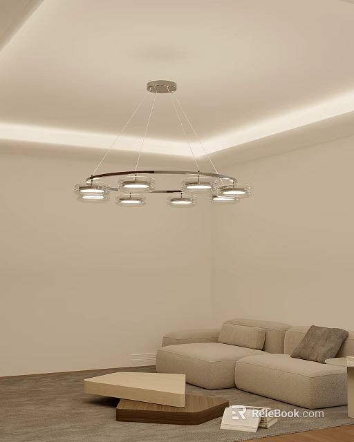 Modern Living Room Interior With Beige Sofa Circular Chandelier And Minimalist Ceiling Design 3d model 