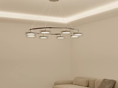 Modern Living Room Interior With Beige Sofa Circular Chandelier And Minimalist Ceiling Design 3d model