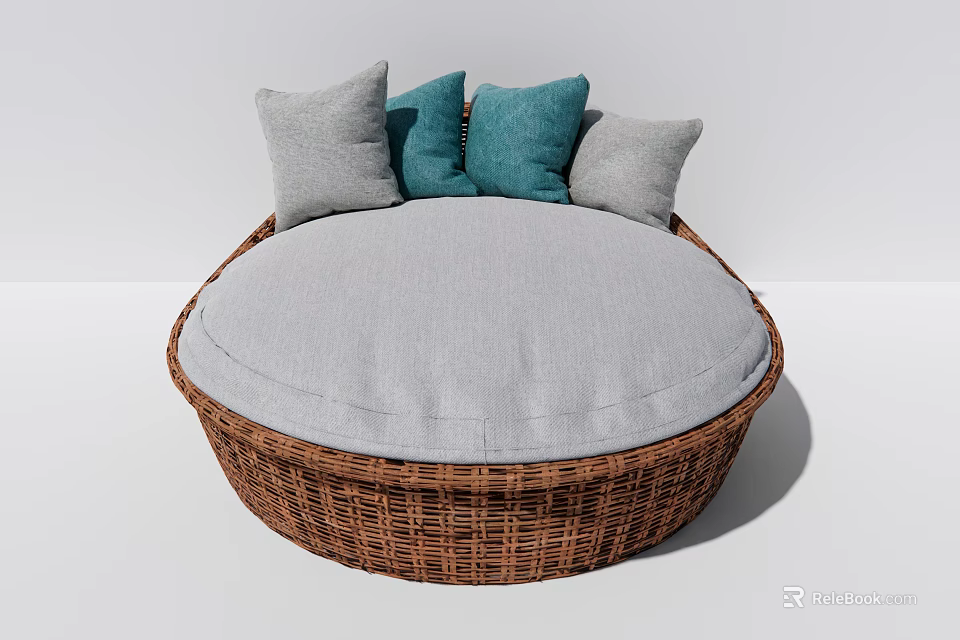 Modern Round Woven Rattan Single Sofa With Gray And Teal Decorative Cushions 3d model 