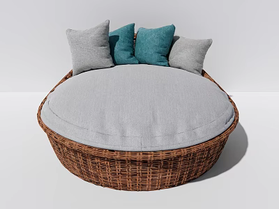 Modern Round Woven Rattan Single Sofa With Gray And Teal Decorative Cushions 3d model