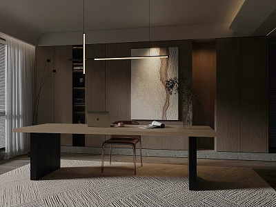 Modern Study Room Interior With Long Wooden Table Chair Bookshelf Pendant Lights And Area Rug 3d model
