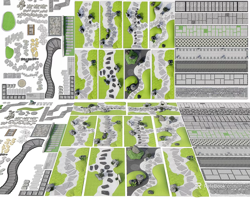 Innovative Garden Path Paving Design Featuring Stone Slabs Brick Patterns And Curved Green Spaces 3d model 