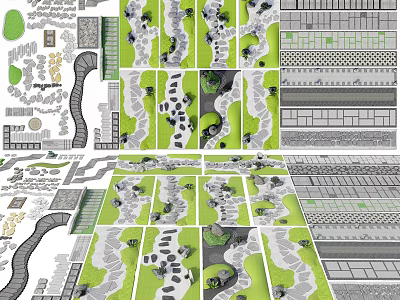 Innovative Garden Path Paving Design Featuring Stone Slabs Brick Patterns And Curved Green Spaces 3d model