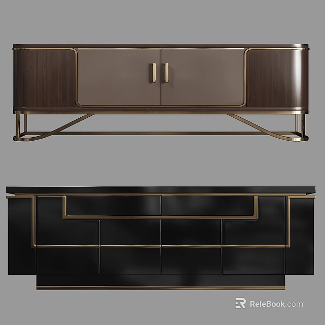 Modern Dark Wood Sideboard With Gold Metal Accents And Panel Frame Design 3d model 