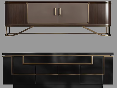Modern Dark Wood Sideboard With Gold Metal Accents And Panel Frame Design 3d model