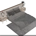 Modern Double Bed With Wooden Headboard Gray Pillows Checkered Quilt Nightstands Lamp Rug Pendant Light