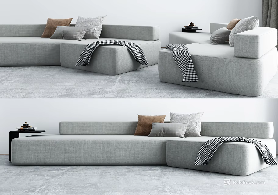 Modern Gray Sectional Sofa Design With Plush Pillows And Throw Blanket 3d model