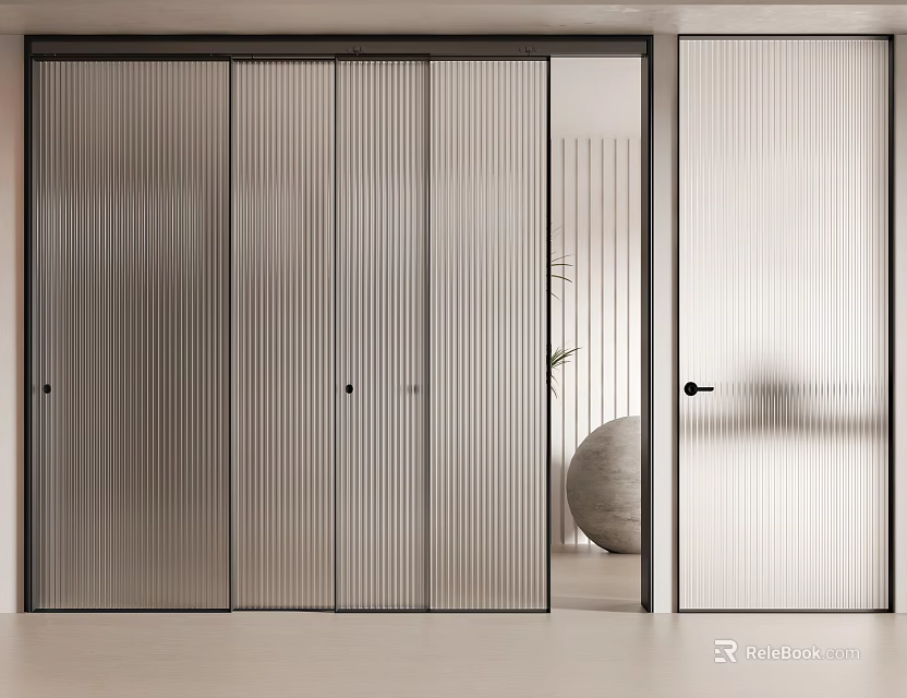 Modern Sliding Doors With Ribbed Glass Design And Sleek Metal Frame In Interior 3d model 