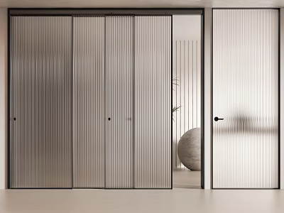Modern Sliding Doors With Ribbed Glass Design And Sleek Metal Frame In Interior 3d model