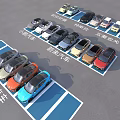 Colorful Xiaomi Future Electric Vehicles Parked in Blue Parking Areas with Various Models
