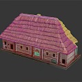 Cartoon Scene Of Small House With Thatched Roof Striped Walls Multiple Windows And Doors
