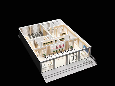 Bird's Eye View of Modern Interior with Tables Chairs Plants and Large Windows 3d model