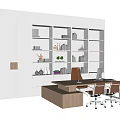 Modern Office Workspace Desk And Chair Set With White Bookshelf And Plants