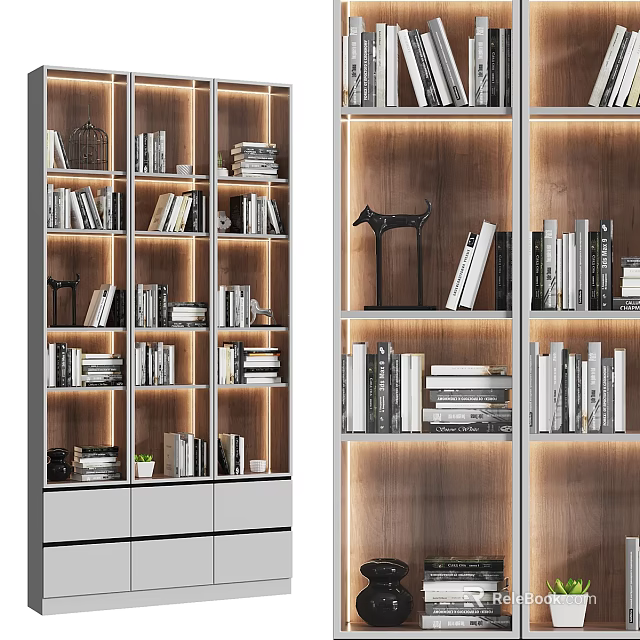 Modern Bookcase Interior Design With Layered Shelves Books And Decorative Items 3d model