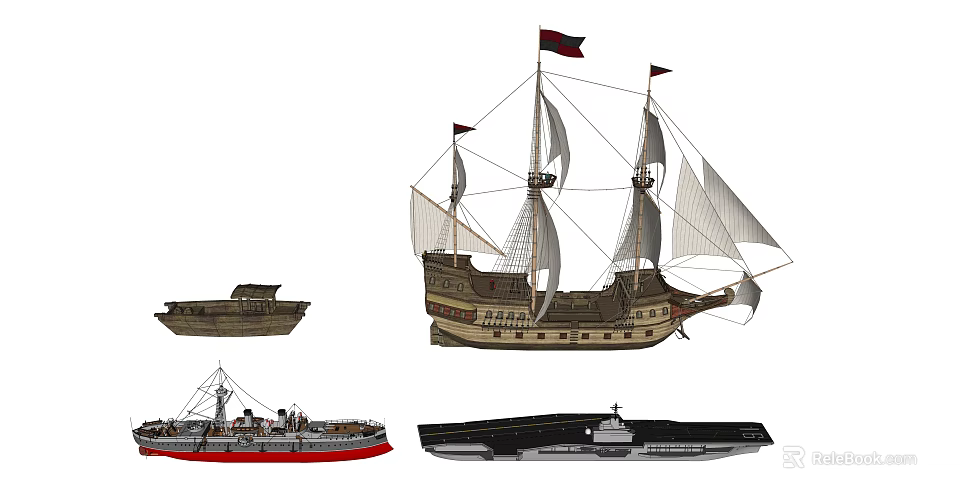 Classic Wooden Ship With Tall Masts And White Sails On Calm Sea 3d model 