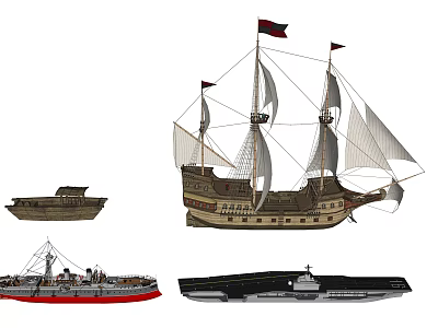 Classic Wooden Ship With Tall Masts And White Sails On Calm Sea 3d model