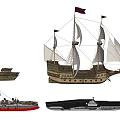 Classic Wooden Ship With Tall Masts And White Sails On Calm Sea