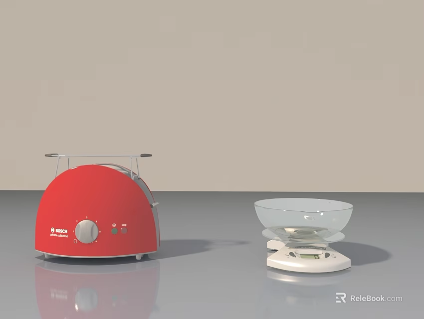 Red Toaster And Kitchen Scale With Transparent Glass Bowl For Home Kitchen 3d model 