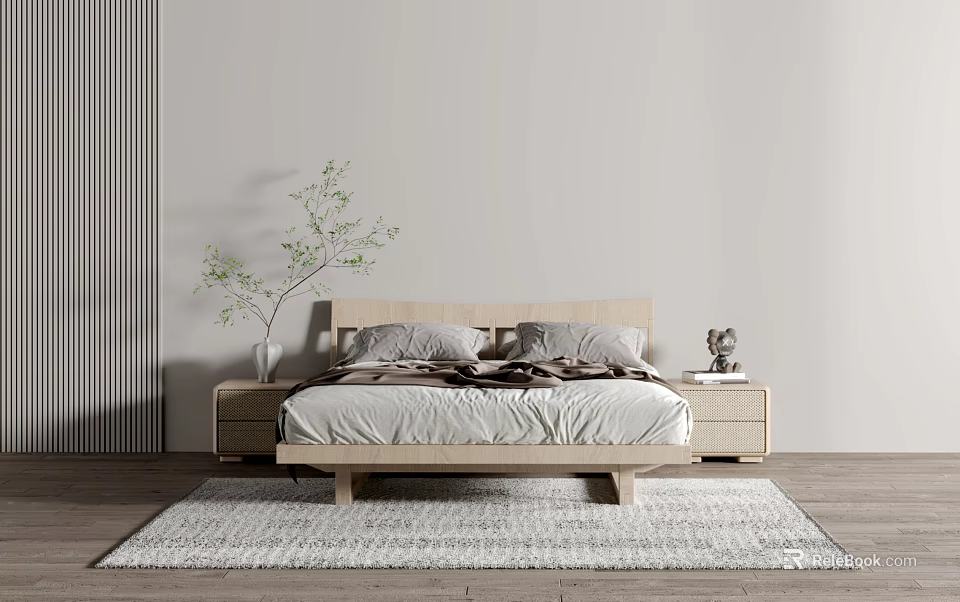 Double Bed Interior With Wooden Headboard Gray Bedding And Nightstands In Light Gray Bedroom 3d model 