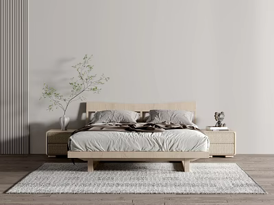 Double Bed Interior With Wooden Headboard Gray Bedding And Nightstands In Light Gray Bedroom 3d model