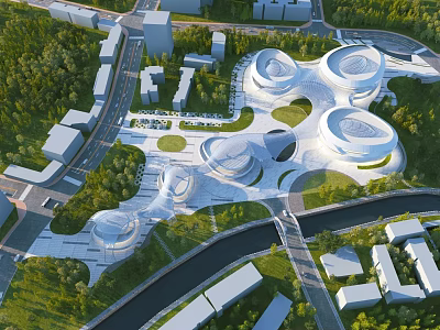 Modern Architectural Complex Design With Circular Roofs Green Spaces River And Roads 3d model