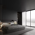 Dark Modern Bedroom Interior With Platform Bed Pillows Blanket Pendant Light And Soft Rug