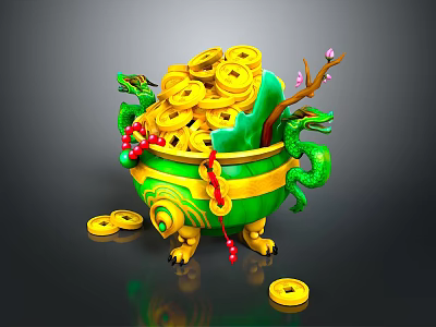 Traditional Green Decorative Container Filled With Gold Coins Dragon Ornaments Red Beads And Plum Branch 3d model