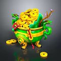 Traditional Green Decorative Container Filled With Gold Coins Dragon Ornaments Red Beads And Plum Branch