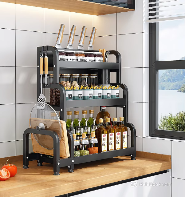 Multi Tiered Kitchen Storage Rack With Wheels For Spice Bottles Knives And Cutting Board 3d model 