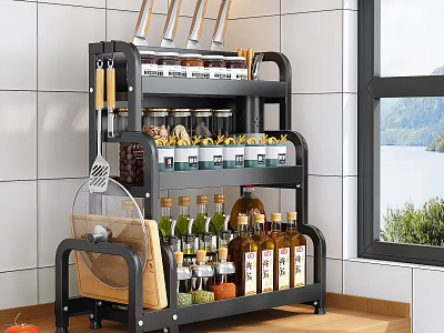 Multi Tiered Kitchen Storage Rack With Wheels For Spice Bottles Knives And Cutting Board 3d model
