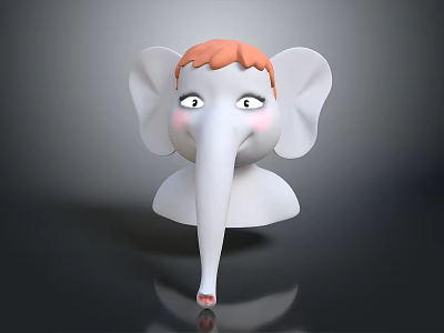 Cute Cartoon Elephant Head With Orange Hair Big Eyes Pink Cheeks And Long Trunk 3d model