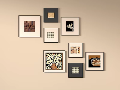 Various Framed Art Pieces With Different Patterns Hanging On Beige Wall 3d model