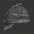 Ancient Silver Helmet With Intricate Decorative Carvings And Ornate Medieval Design