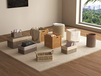 Modern Bathroom Storage Set With Woven Fabric And Wooden Baskets For Organizing Toiletries 3d model