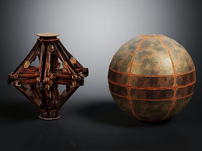 Creature Inspired Diamond Shaped Metal Sculpture And Character Like Spherical Copper Artwork 3d model