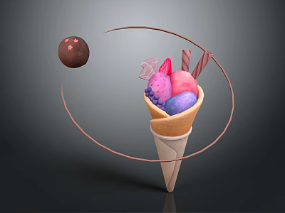 Colorful Ice Cream Cone With Assorted Flavors Chocolate Ball And Whipped Cream Toppings 3d model