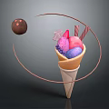 Colorful Ice Cream Cone With Assorted Flavors Chocolate Ball And Whipped Cream Toppings
