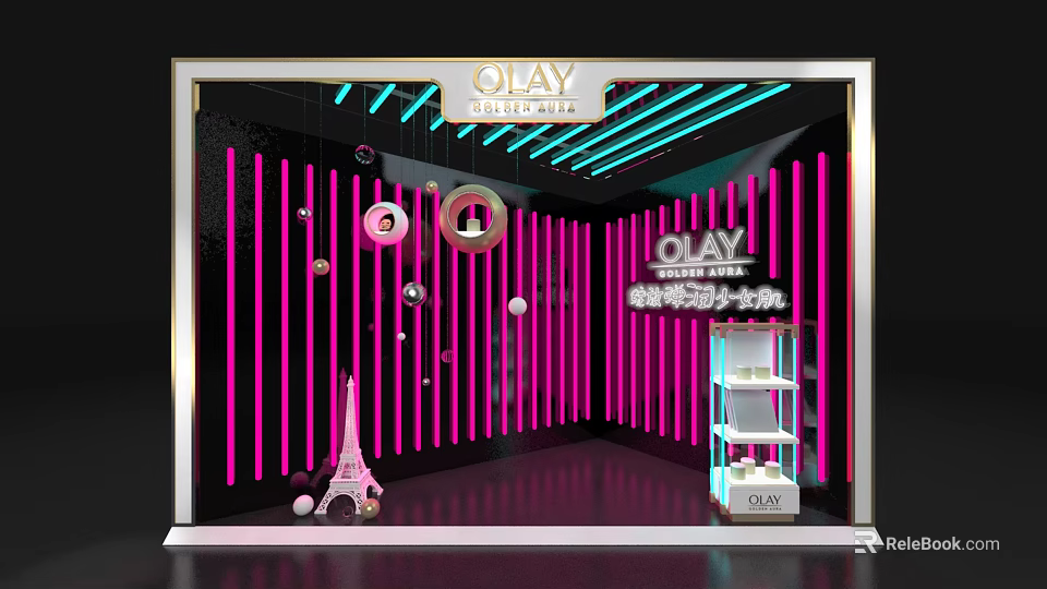 OLAY Storefront Window with Pink Black Striped Background Illuminated Decor and Eiffel Tower Model 3d model 