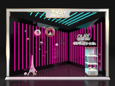 OLAY Storefront Window with Pink Black Striped Background Illuminated Decor and Eiffel Tower Model 3d model