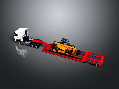 White Heavy Duty Truck Transporting Yellow Forklift On Red Flatbed Trailer 3d model