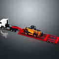 White Heavy Duty Truck Transporting Yellow Forklift On Red Flatbed Trailer