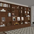 Cozy Home Library Space With Large Wooden Bookshelf Books Picture Frames Decorations And Geometric Rug